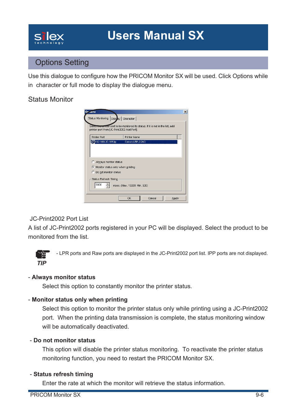 Options setting, Status monitor, Users manual sx | Silex technology Mini Print Server PRICOM SX-300U User Manual | Page 159 / 191