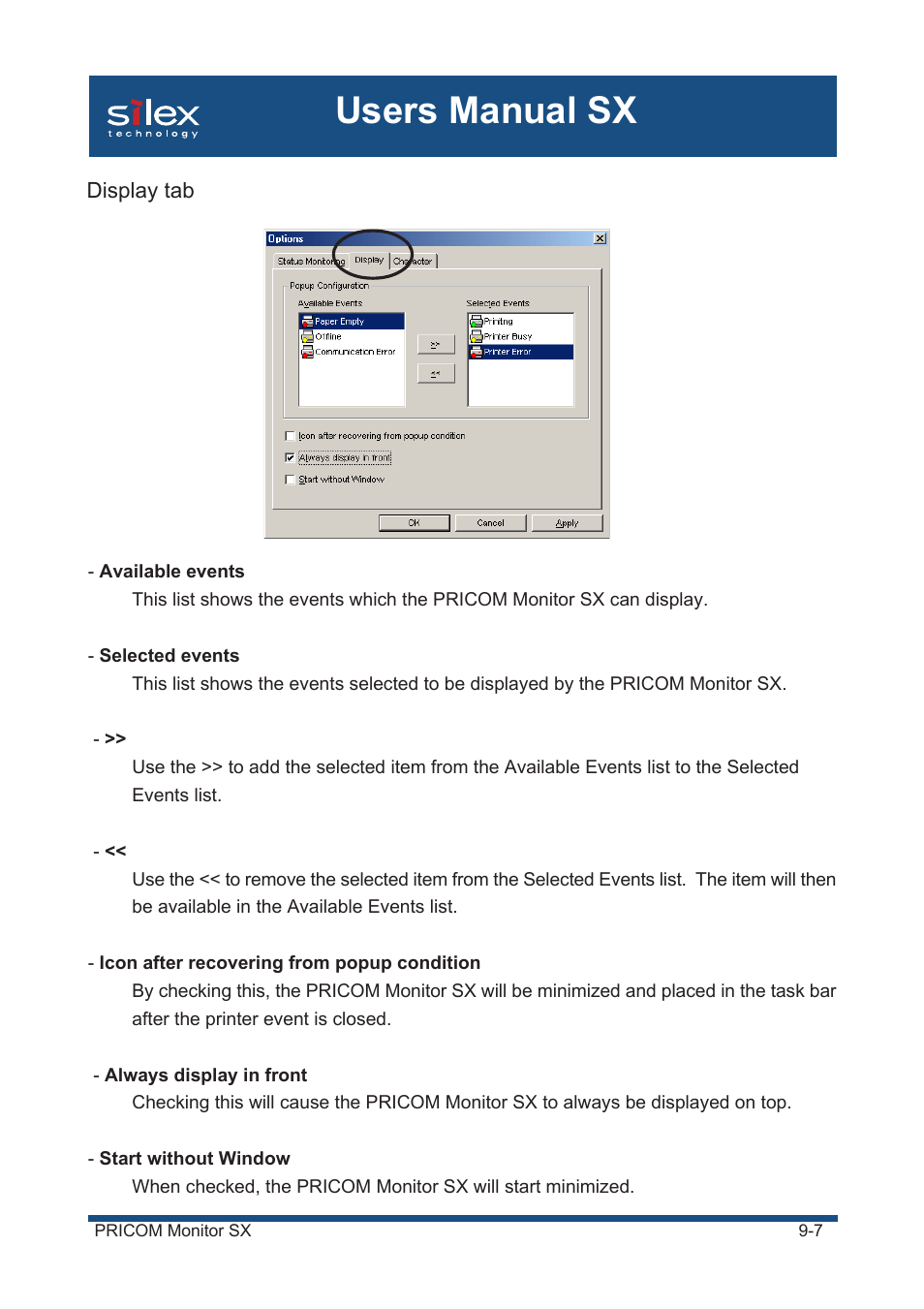 Display tab, Users manual sx | Silex technology Mini Print Server PRICOM SX-300U User Manual | Page 160 / 191