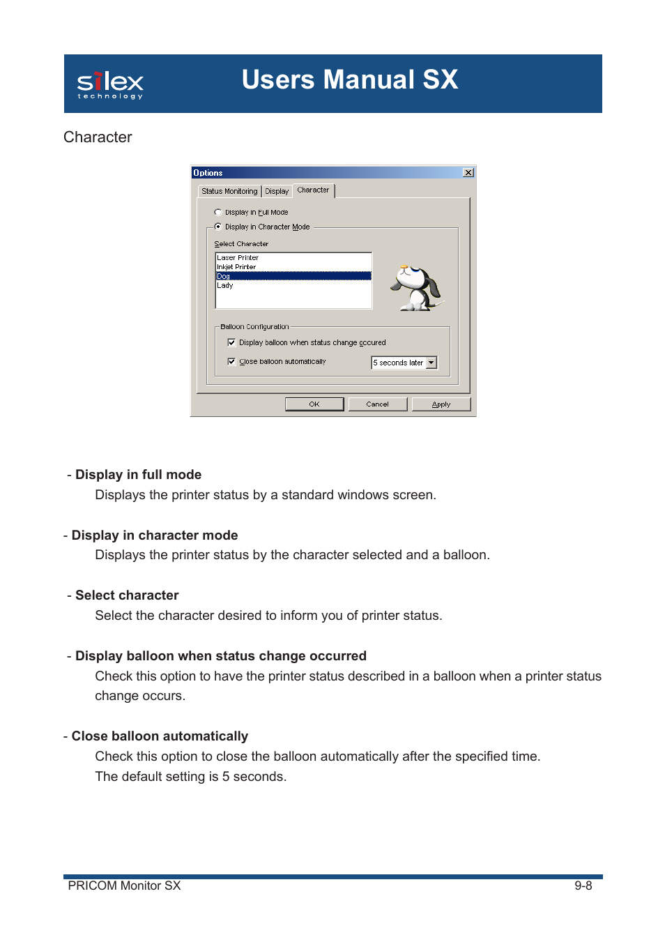 Character, Users manual sx | Silex technology Mini Print Server PRICOM SX-300U User Manual | Page 161 / 191