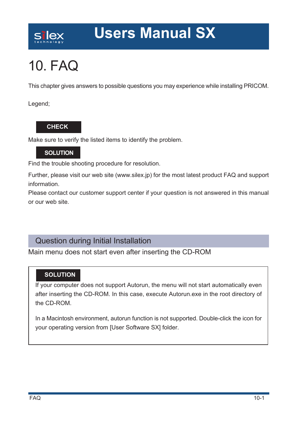 Question during initial installation, Faq -1, Question during initial installation -1 | Question while printing -5, Print job is not printed -5, Question regarding tcp/ip -6, Users manual sx, Questions regarding unix/linux -8, Question regarding netware -9, Question regarding macintosh -11 | Silex technology Mini Print Server PRICOM SX-300U User Manual | Page 162 / 191