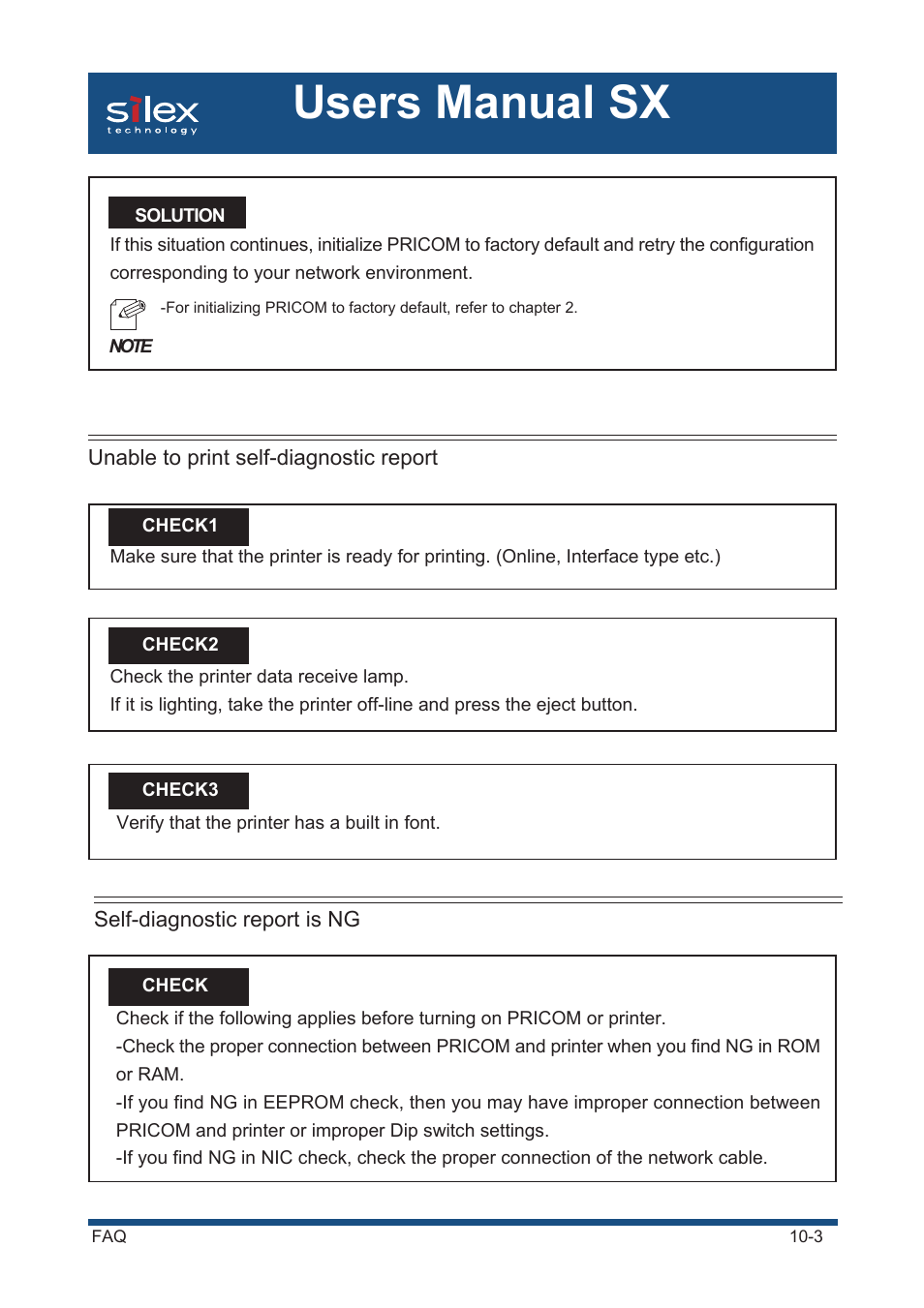 Unable to print self-diagnostic report, Self-diagnostic report is ng, Users manual sx | Silex technology Mini Print Server PRICOM SX-300U User Manual | Page 164 / 191