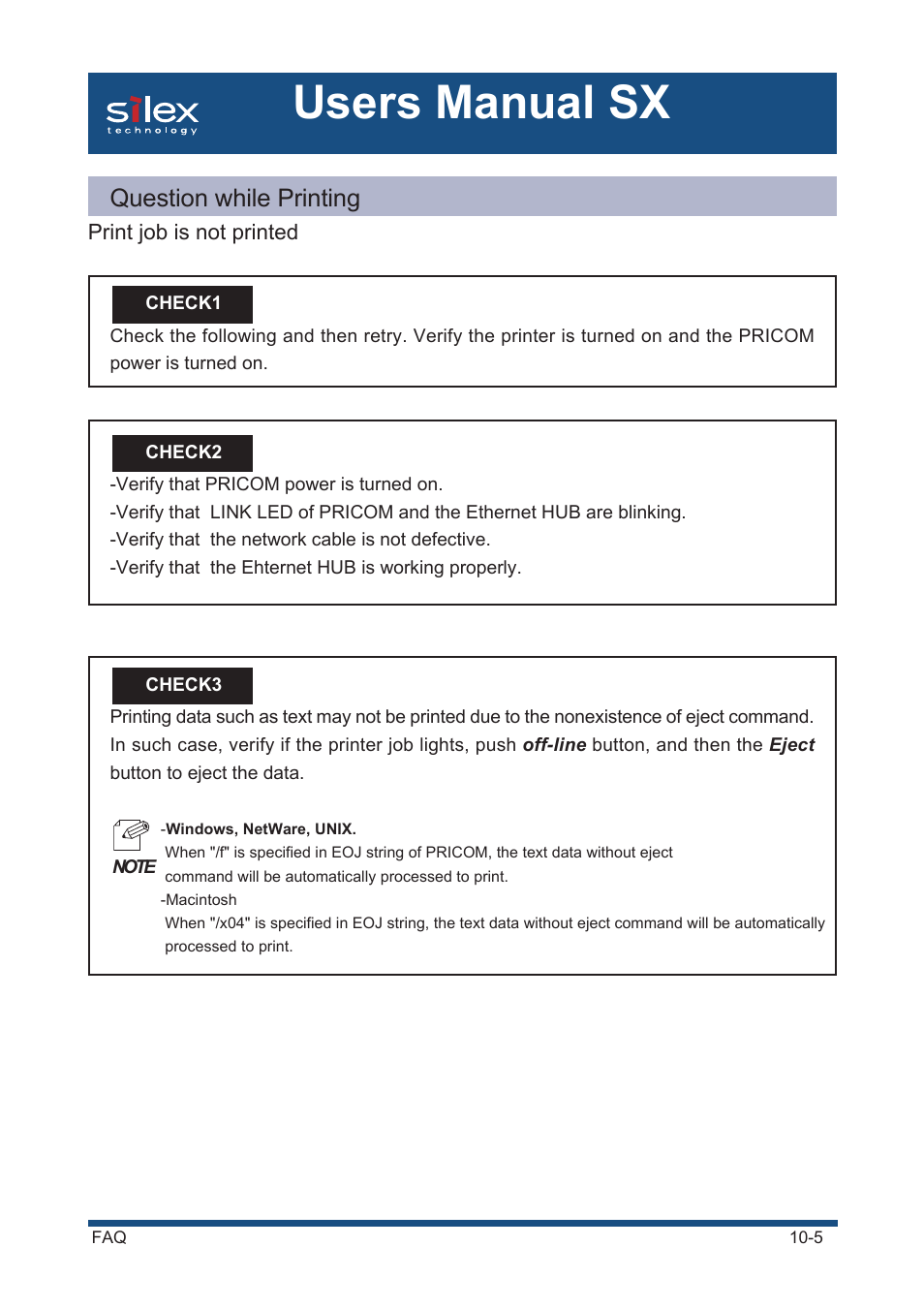 Question while printing, Print job is not printed, Users manual sx | Silex technology Mini Print Server PRICOM SX-300U User Manual | Page 166 / 191