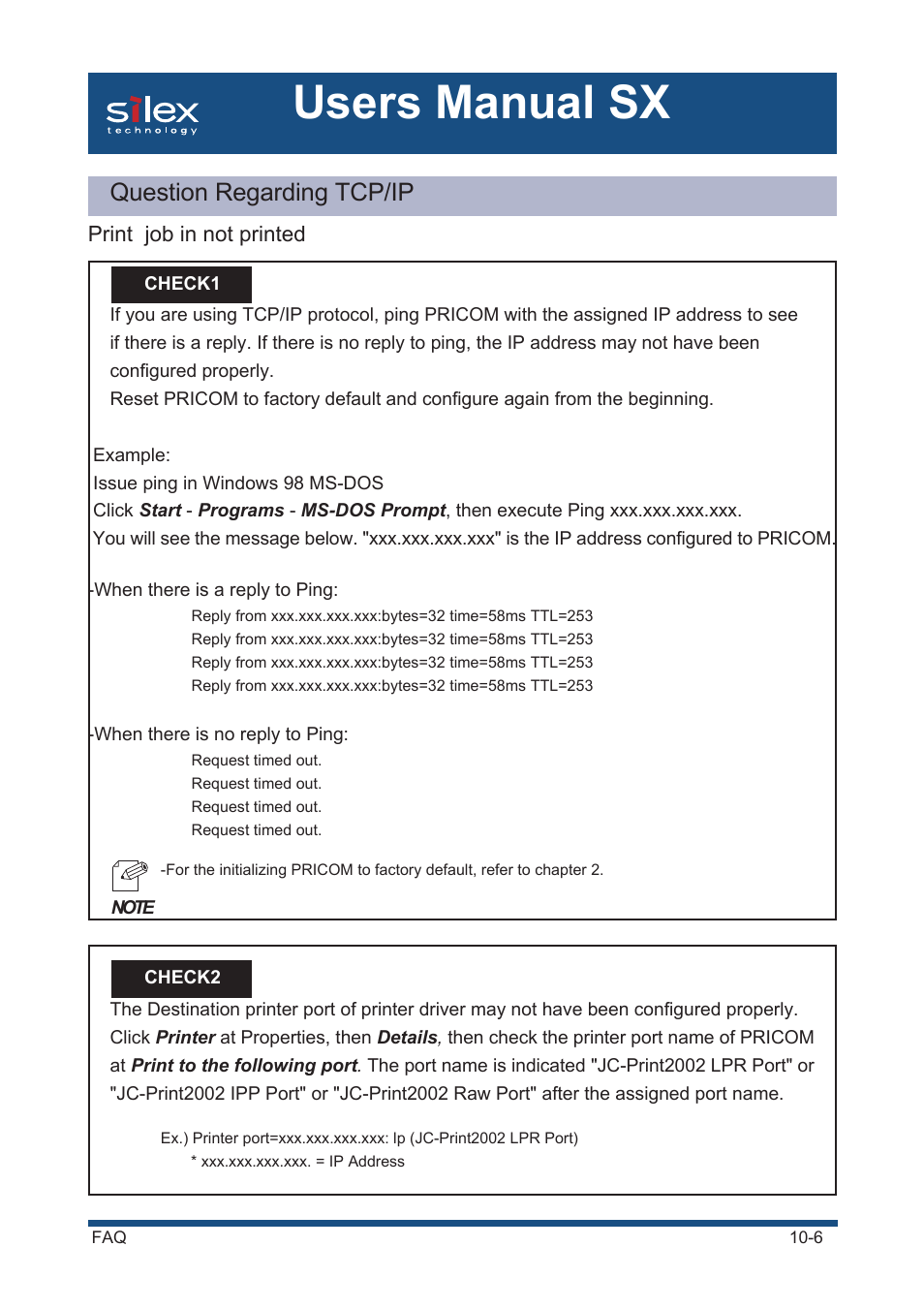 Question regarding tcp/ip, Print job in not printed, Users manual sx | Silex technology Mini Print Server PRICOM SX-300U User Manual | Page 167 / 191