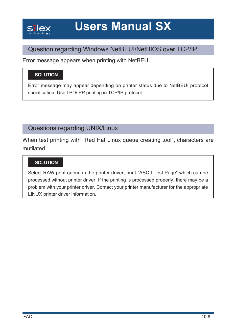 Error message appears when printing with netbeui, Questions regarding unix/linux, Users manual sx | Silex technology Mini Print Server PRICOM SX-300U User Manual | Page 169 / 191