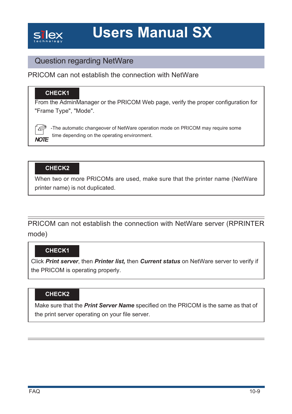 Question regarding netware, Users manual sx | Silex technology Mini Print Server PRICOM SX-300U User Manual | Page 170 / 191