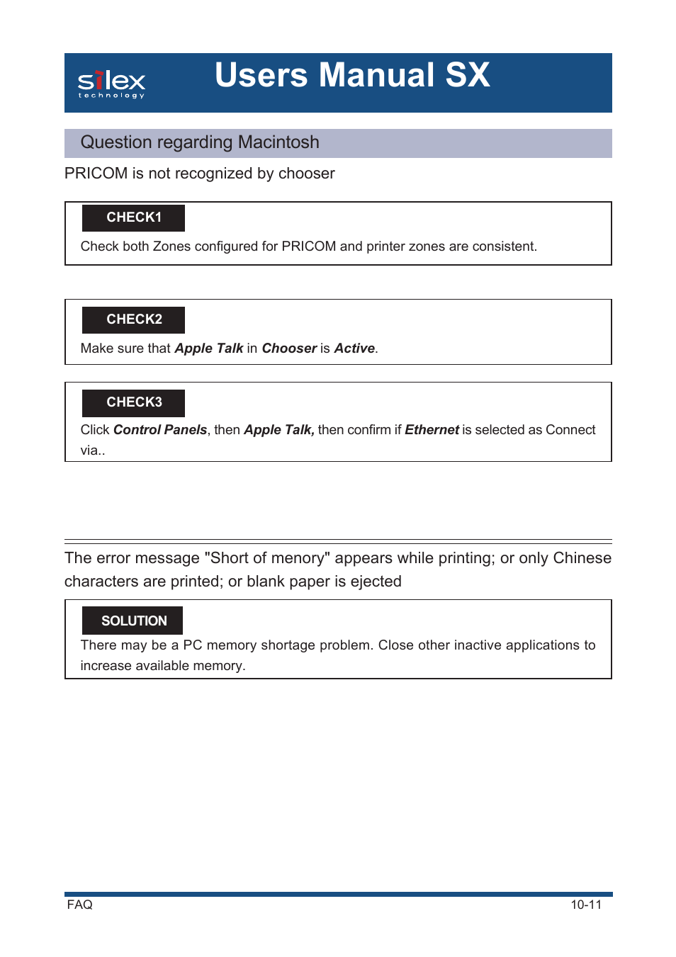 Question regarding macintosh, Pricom is not recognized by chooser, Users manual sx | Silex technology Mini Print Server PRICOM SX-300U User Manual | Page 172 / 191