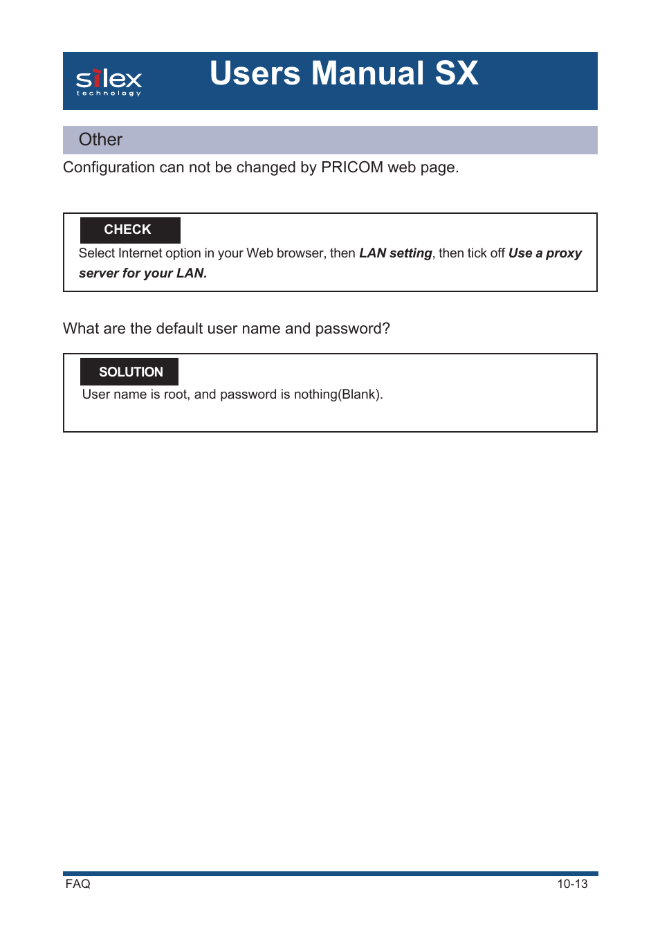 Other, What are the default user name and password, Users manual sx | Silex technology Mini Print Server PRICOM SX-300U User Manual | Page 174 / 191