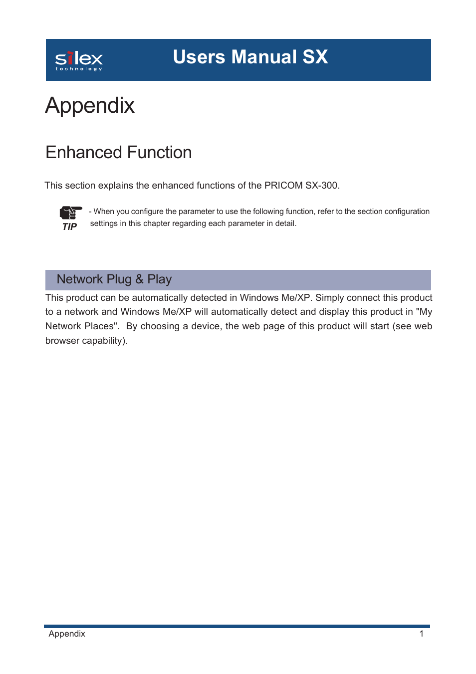 Appendix, Enhanced function, Network plug & play | Appendix enhanced function, Configuration settings, Users manual sx | Silex technology Mini Print Server PRICOM SX-300U User Manual | Page 175 / 191