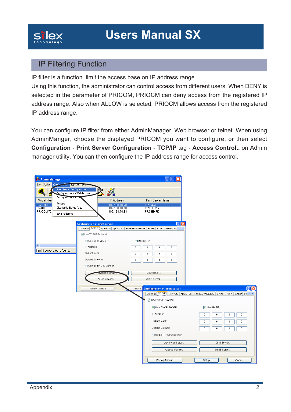 Ip filtering function, Users manual sx | Silex technology Mini Print Server PRICOM SX-300U User Manual | Page 176 / 191