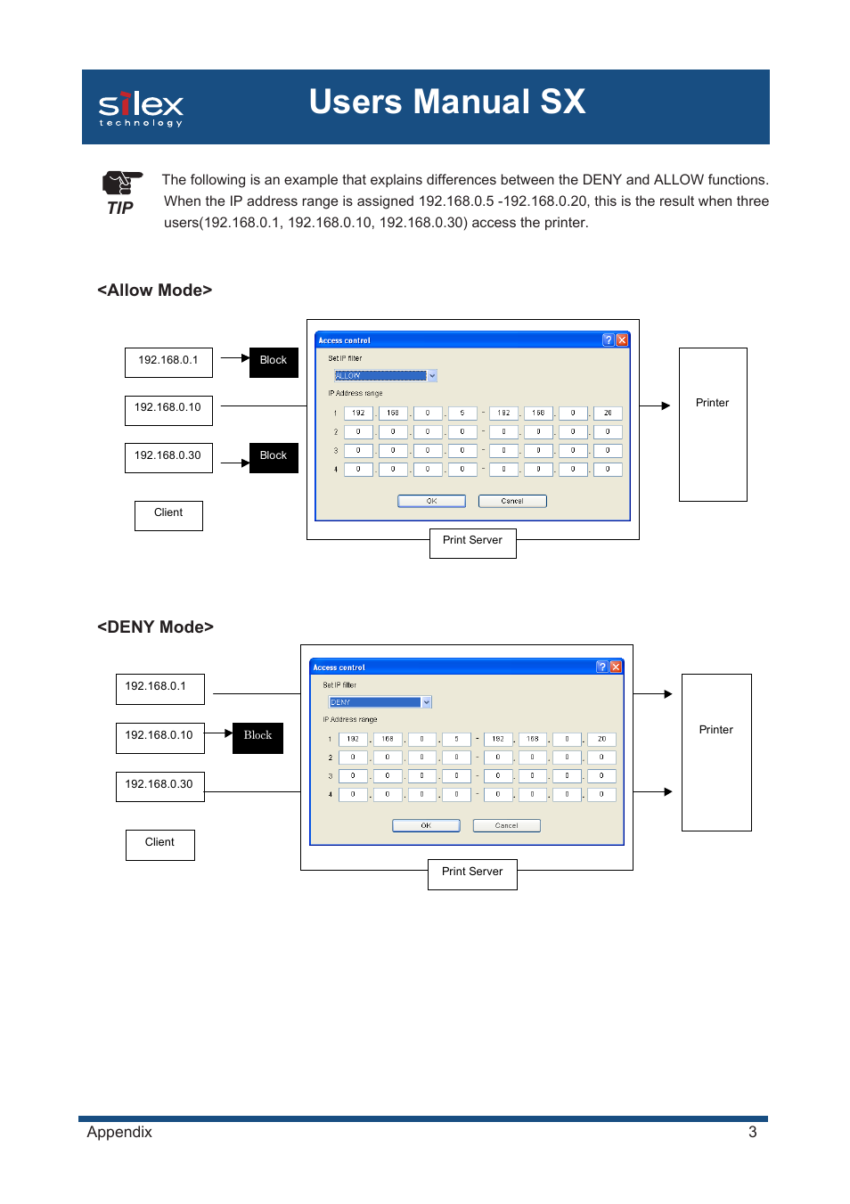 Users manual sx, Allow mode> <deny mode> tip | Silex technology Mini Print Server PRICOM SX-300U User Manual | Page 177 / 191
