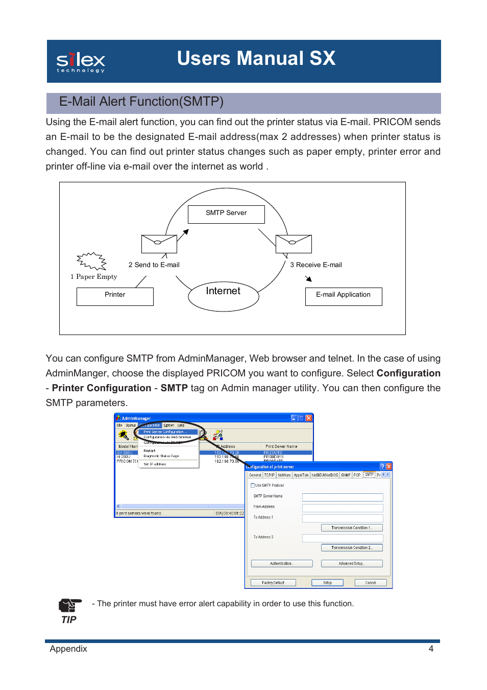 E-mail alert function(smtp), Users manual sx | Silex technology Mini Print Server PRICOM SX-300U User Manual | Page 178 / 191