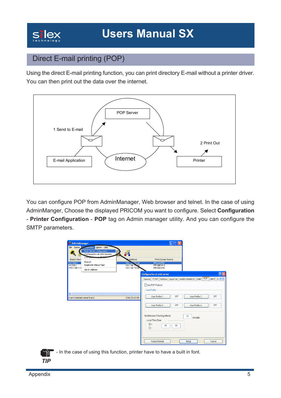 Direct e-mail printing (pop), Users manual sx | Silex technology Mini Print Server PRICOM SX-300U User Manual | Page 179 / 191
