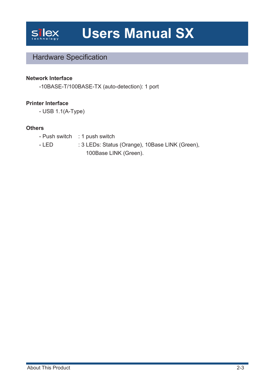Hardware specification, Users manual sx | Silex technology Mini Print Server PRICOM SX-300U User Manual | Page 19 / 191