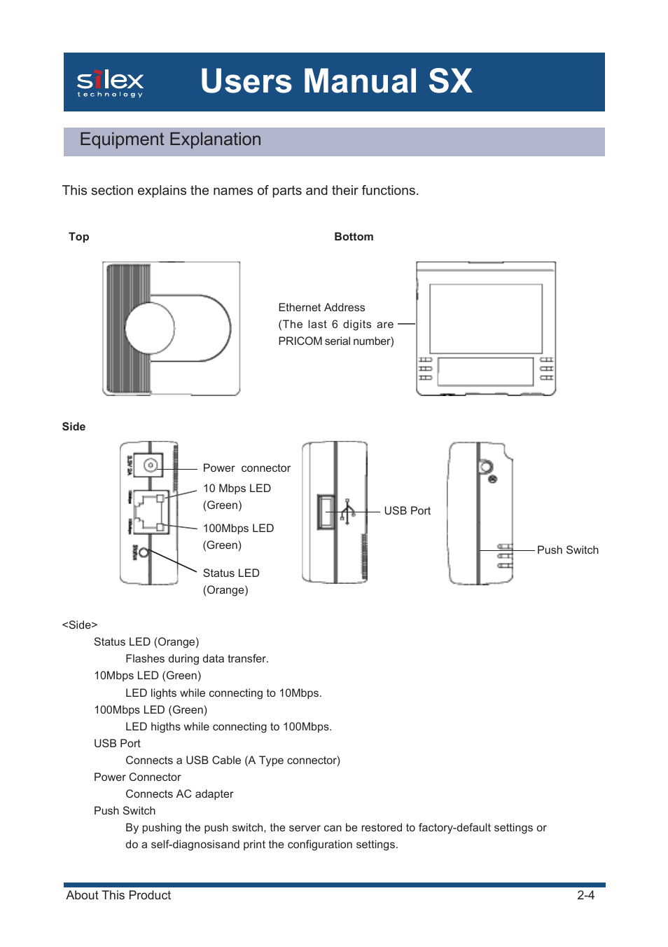 Equipment explanation, Users manual sx | Silex technology Mini Print Server PRICOM SX-300U User Manual | Page 20 / 191