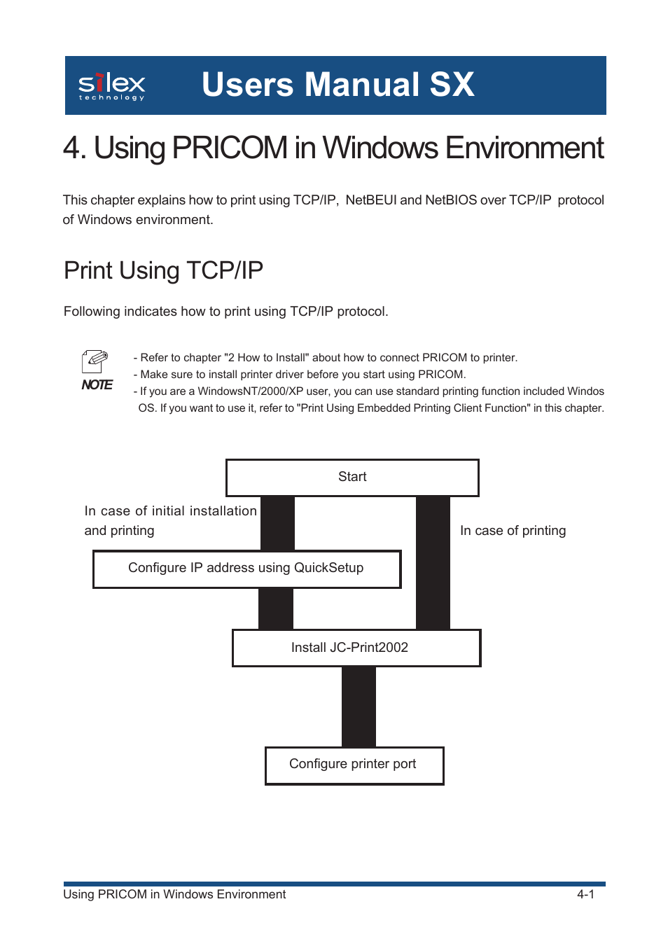 Using pricom in windows environment, Print using tcp/ip, Users manual sx | Configuring printer driver -16, Print using generic function of windows -20, Print using netbeui, netbios over tcp/ip -36, Verify the pc network configuration (netbeui) -36, Print using netbeui, netbios over tcp/ip -42, About netbeui, netbios over tcp/ip -43 | Silex technology Mini Print Server PRICOM SX-300U User Manual | Page 26 / 191