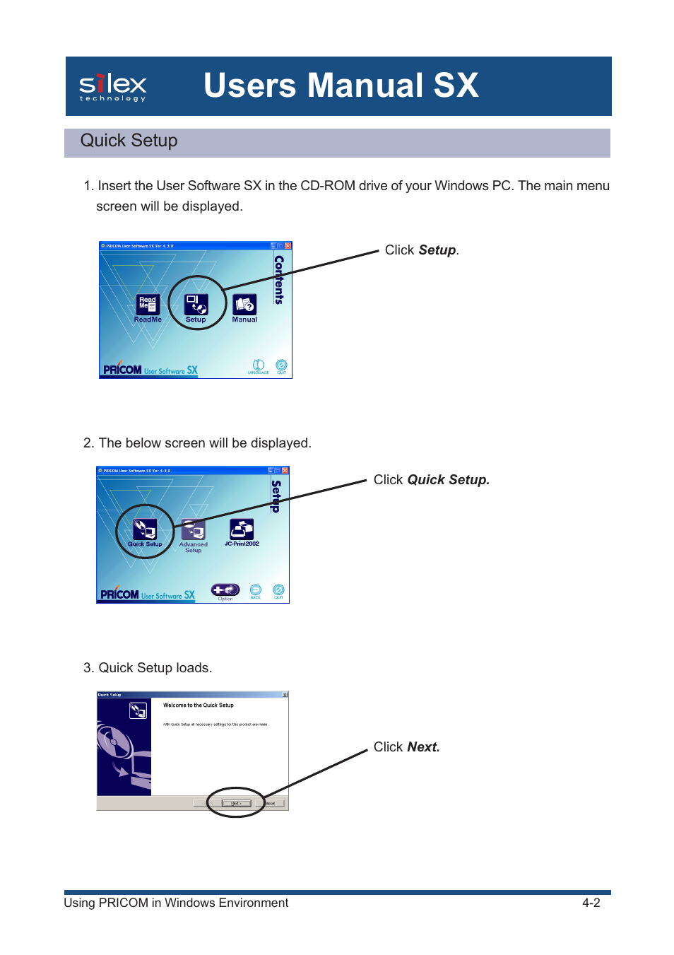 Quick setup, Users manual sx | Silex technology Mini Print Server PRICOM SX-300U User Manual | Page 27 / 191