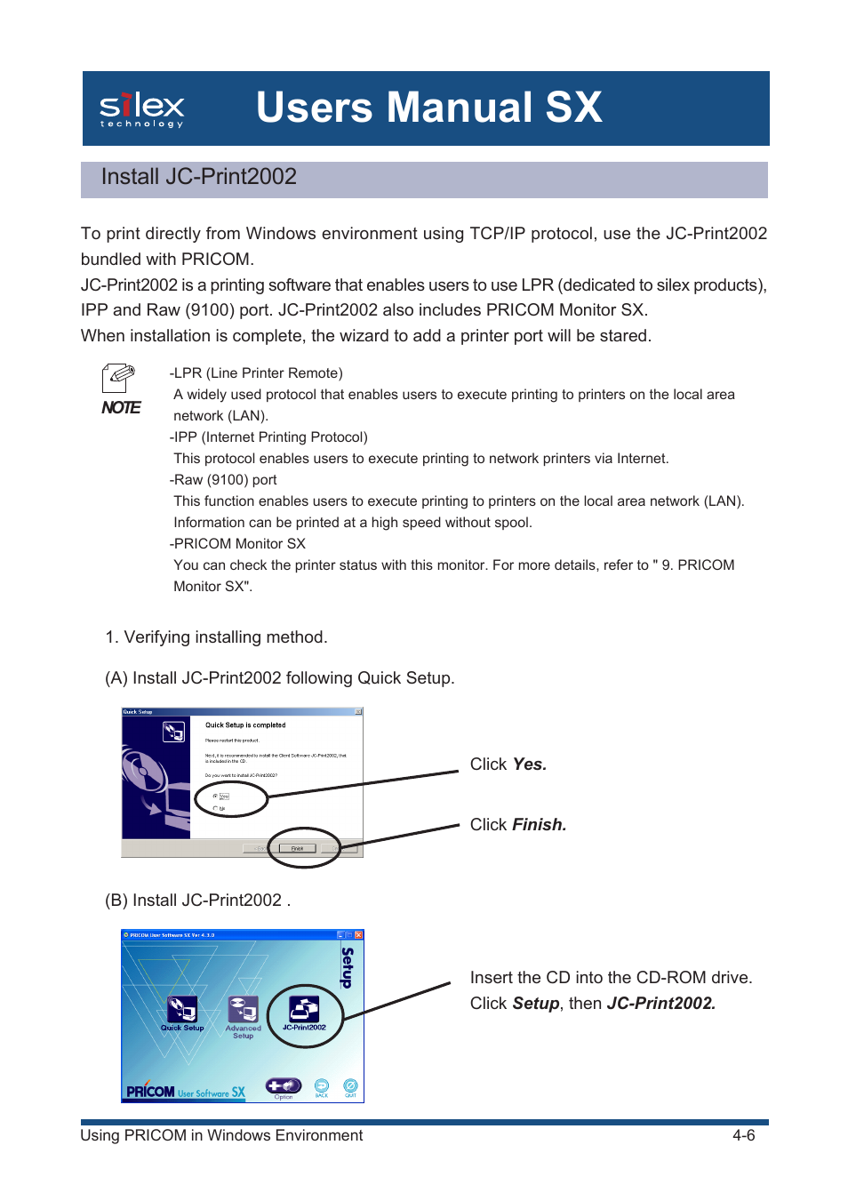 Install jc-print2002, Users manual sx | Silex technology Mini Print Server PRICOM SX-300U User Manual | Page 31 / 191