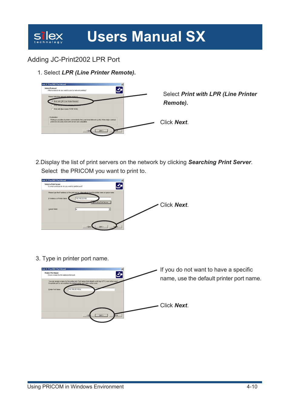 Adding jc-print2002 lpr port, Users manual sx | Silex technology Mini Print Server PRICOM SX-300U User Manual | Page 35 / 191