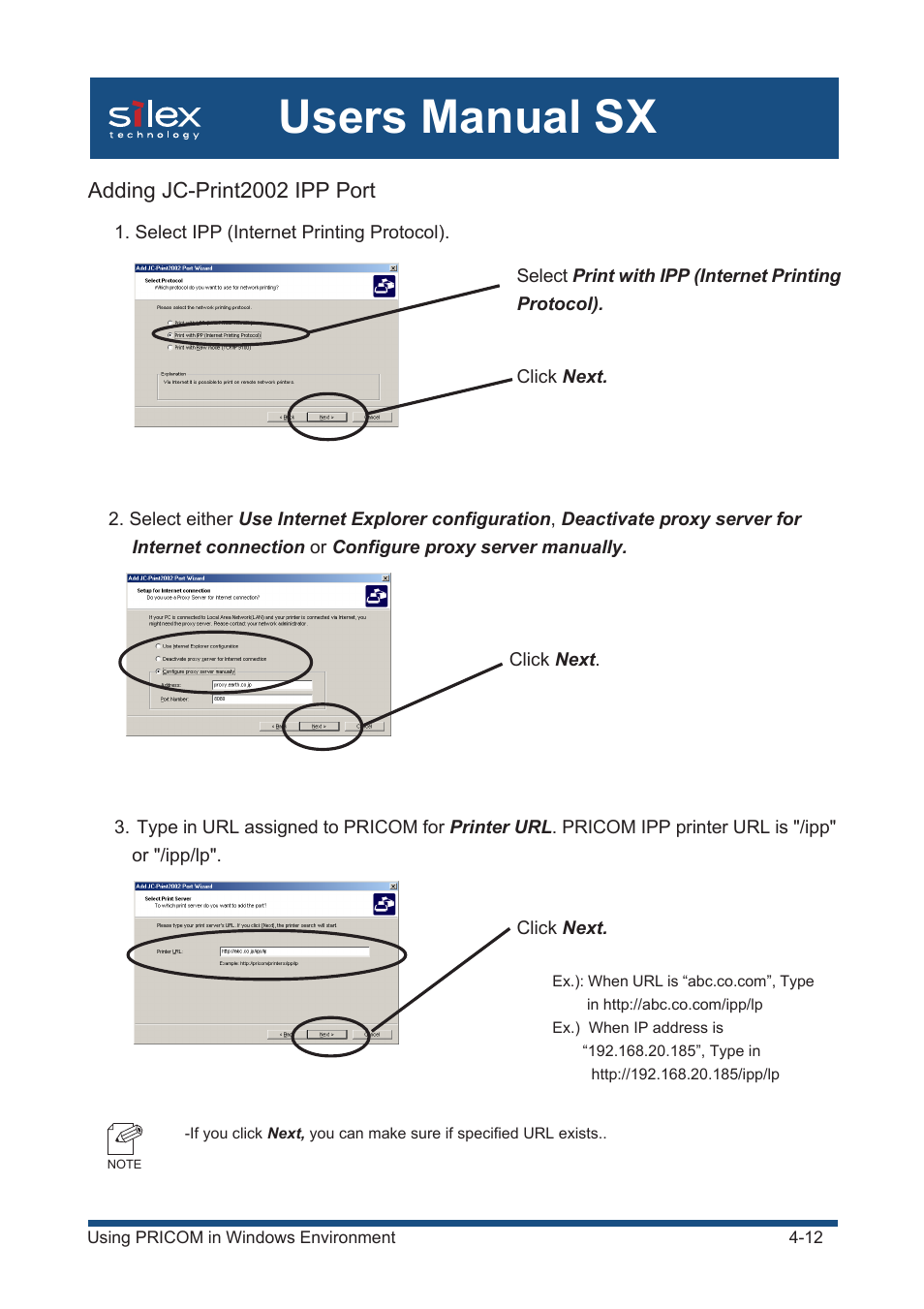 Adding jc-print2002 ipp port, Users manual sx | Silex technology Mini Print Server PRICOM SX-300U User Manual | Page 37 / 191