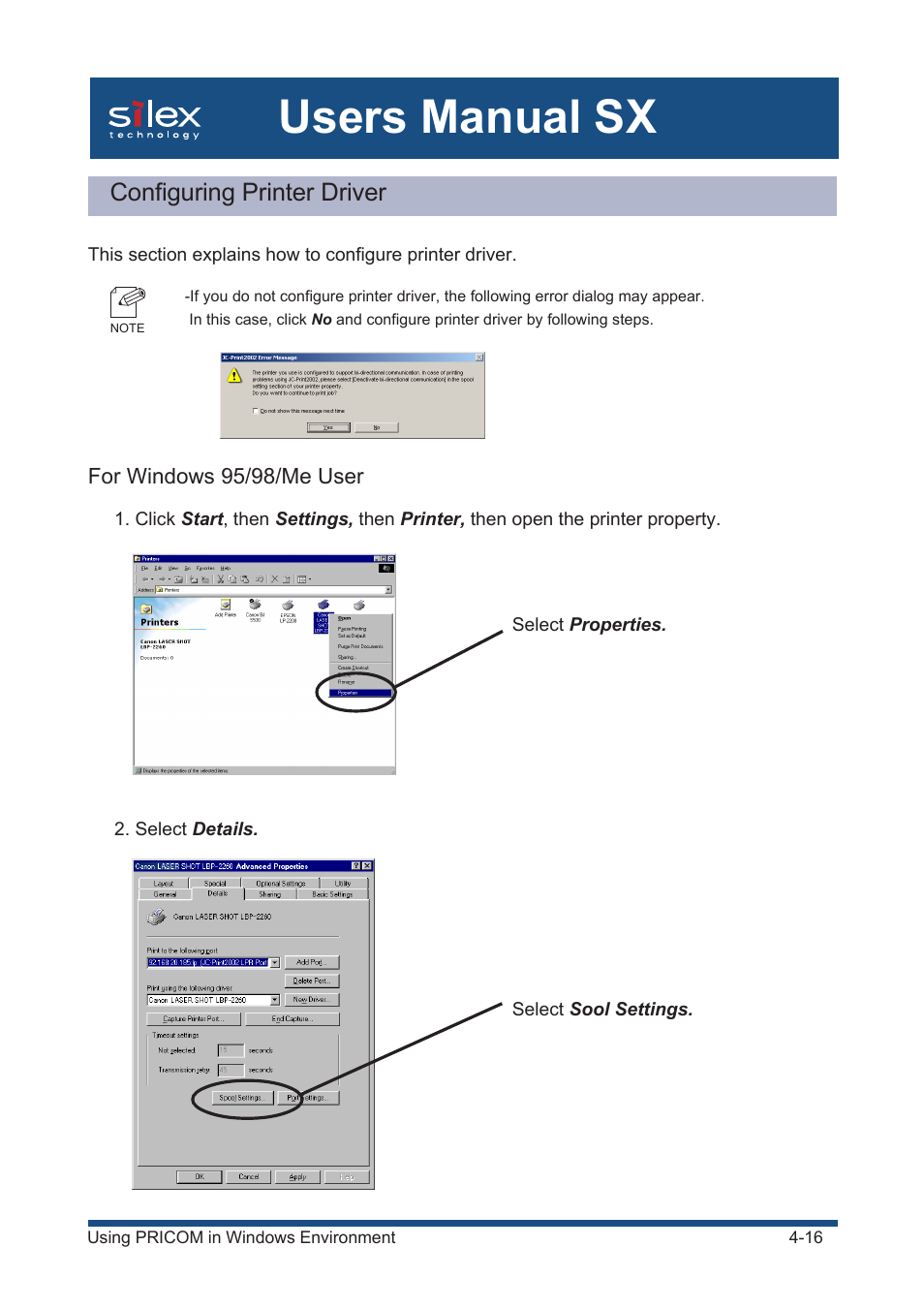 Configuring printer driver, For windows 95/98/me user, Users manual sx | Silex technology Mini Print Server PRICOM SX-300U User Manual | Page 41 / 191
