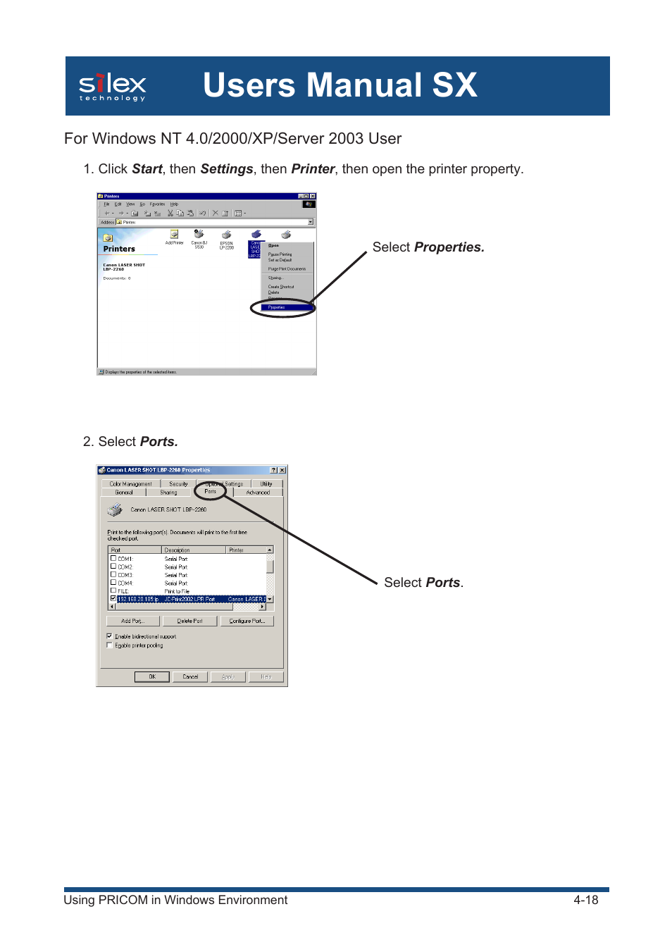 For windows nt 4.0/2000/xp/server 2003 user, Users manual sx | Silex technology Mini Print Server PRICOM SX-300U User Manual | Page 43 / 191