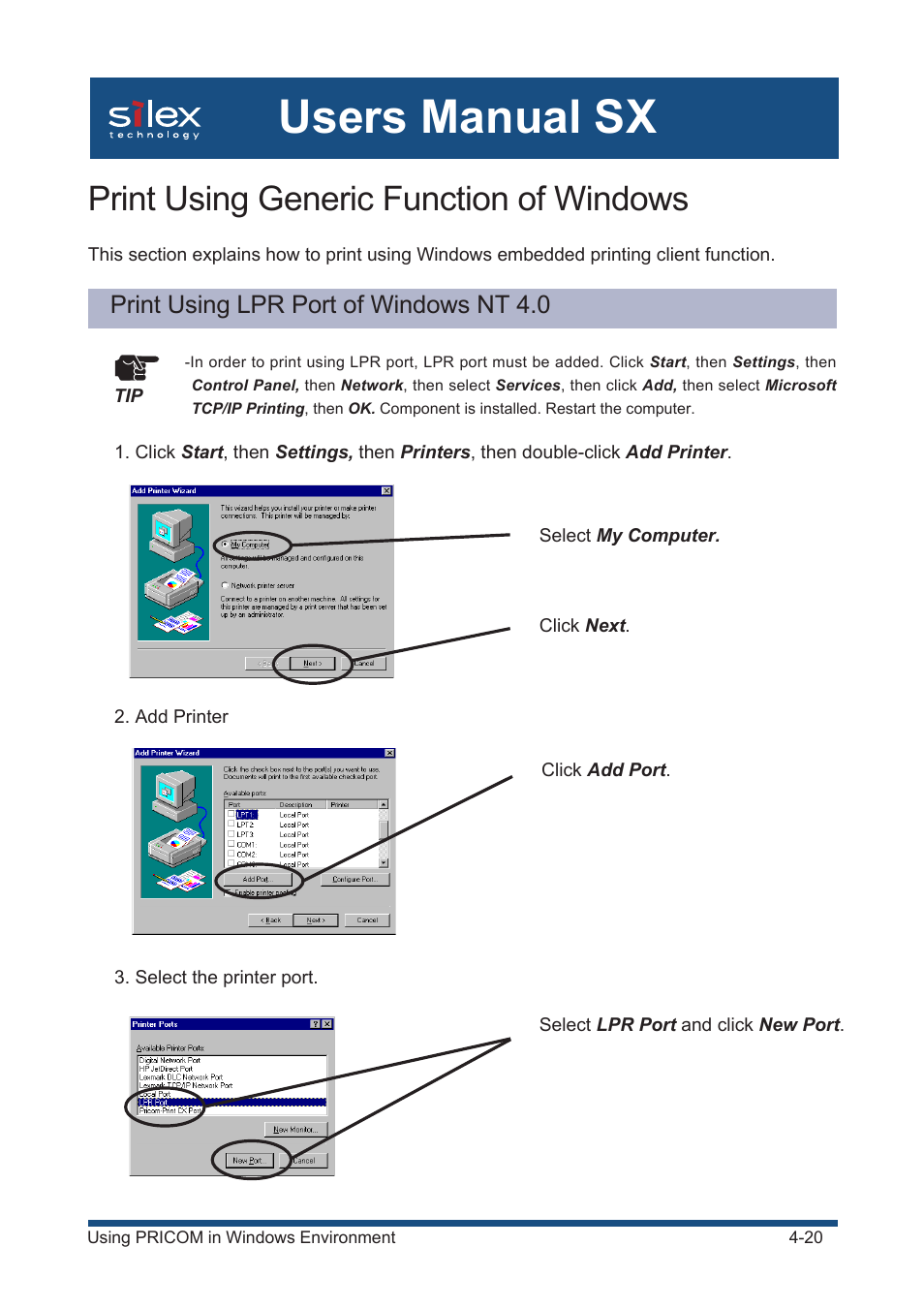 Print using generic function of windows, Print using lpr port of windows nt 4.0, Users manual sx | Silex technology Mini Print Server PRICOM SX-300U User Manual | Page 45 / 191