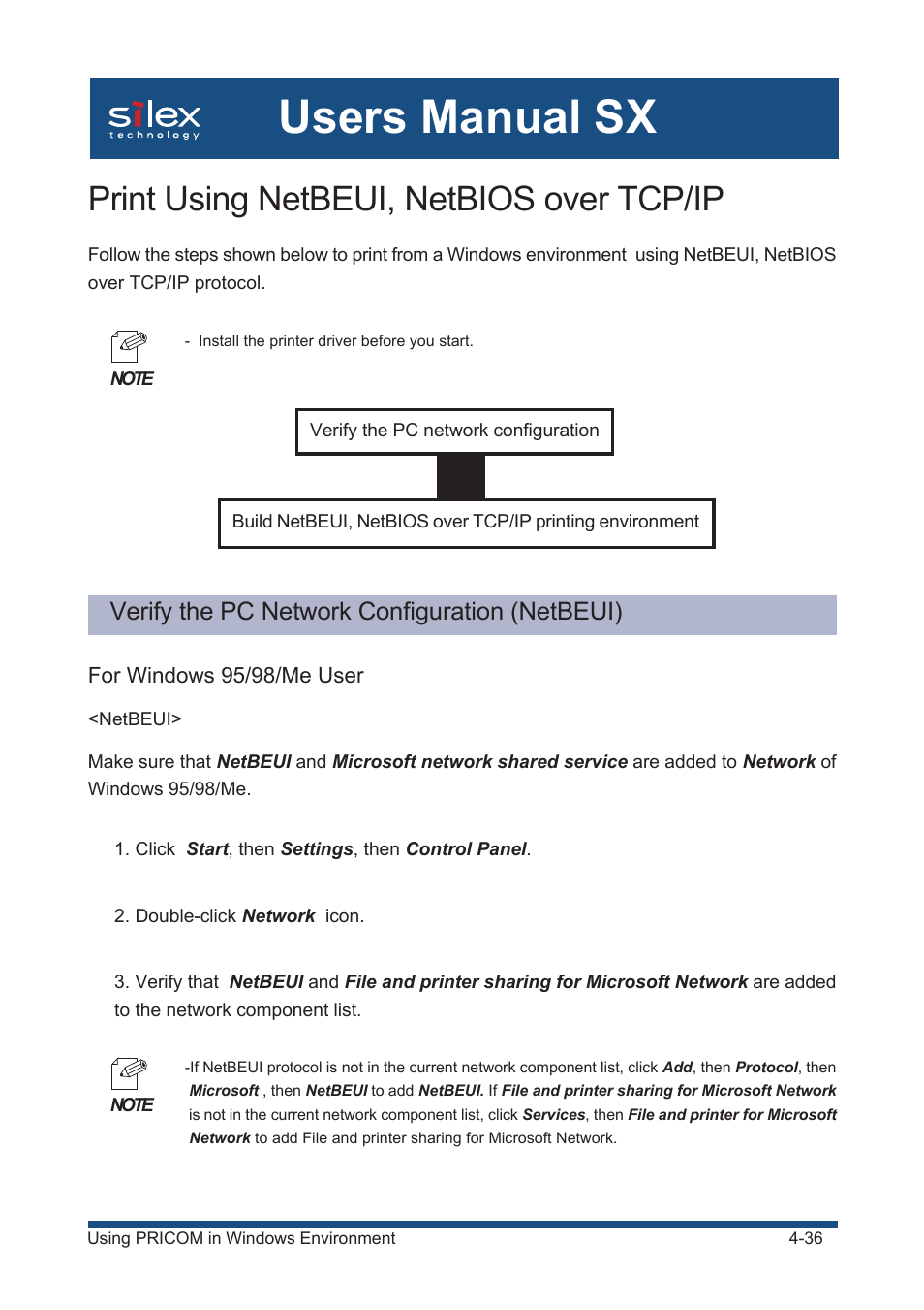 Print using netbeui, netbios over tcp/ip, Verify the pc network configuration (netbeui), For windows 95/98/me user | Users manual sx | Silex technology Mini Print Server PRICOM SX-300U User Manual | Page 61 / 191