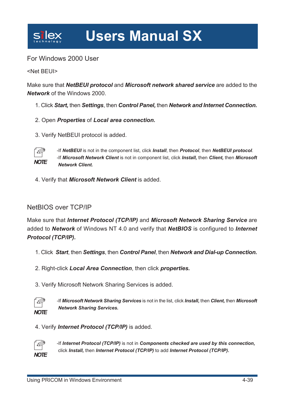 For windows 2000 user, Netbios over tcp/ip, Users manual sx | Silex technology Mini Print Server PRICOM SX-300U User Manual | Page 64 / 191