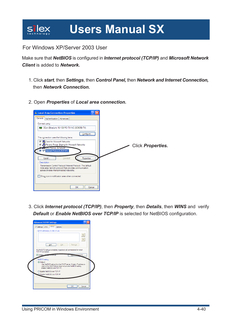 For windows xp/server 2003 user, Users manual sx | Silex technology Mini Print Server PRICOM SX-300U User Manual | Page 65 / 191