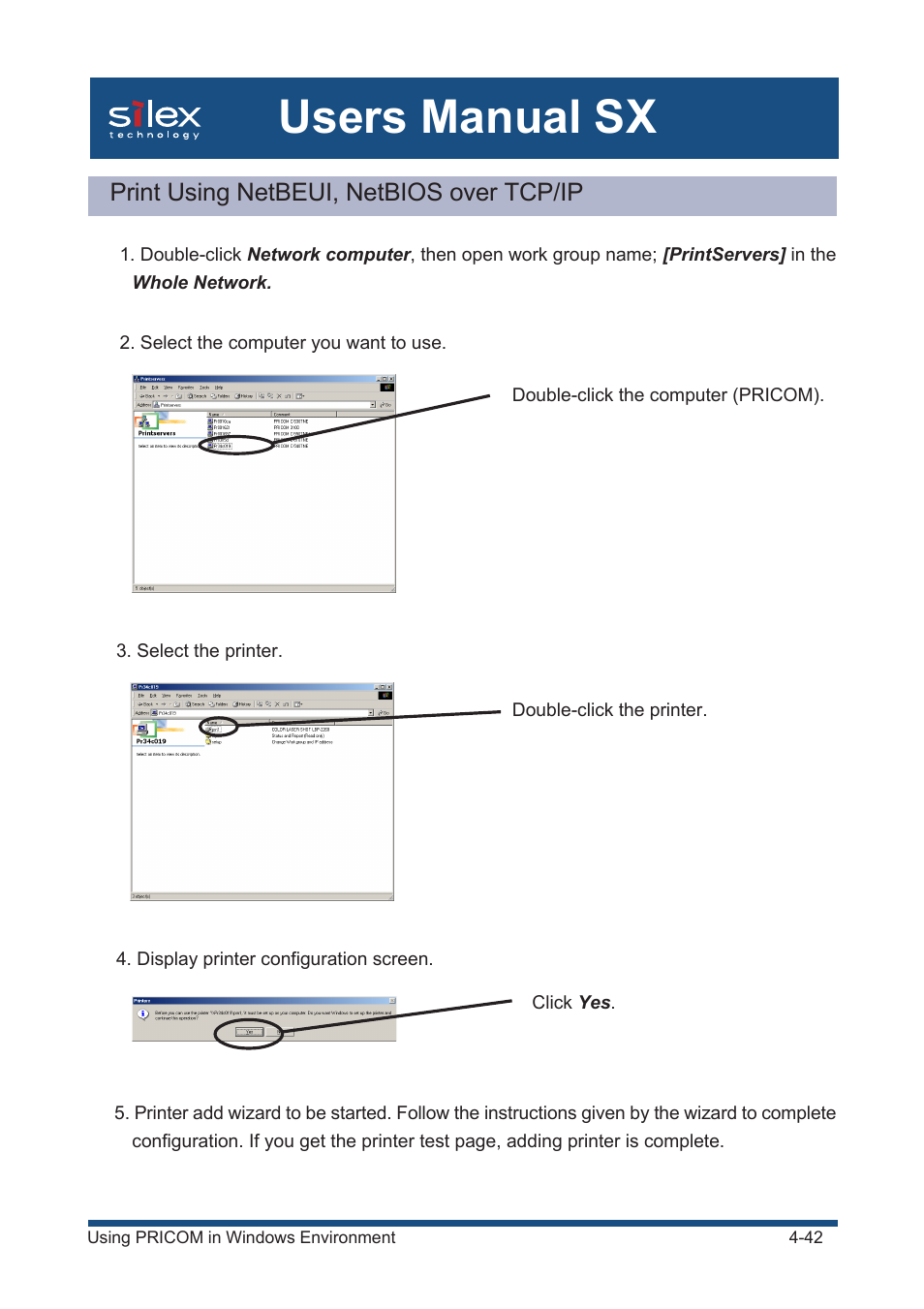 Print using netbeui, netbios over tcp/ip, Users manual sx | Silex technology Mini Print Server PRICOM SX-300U User Manual | Page 67 / 191