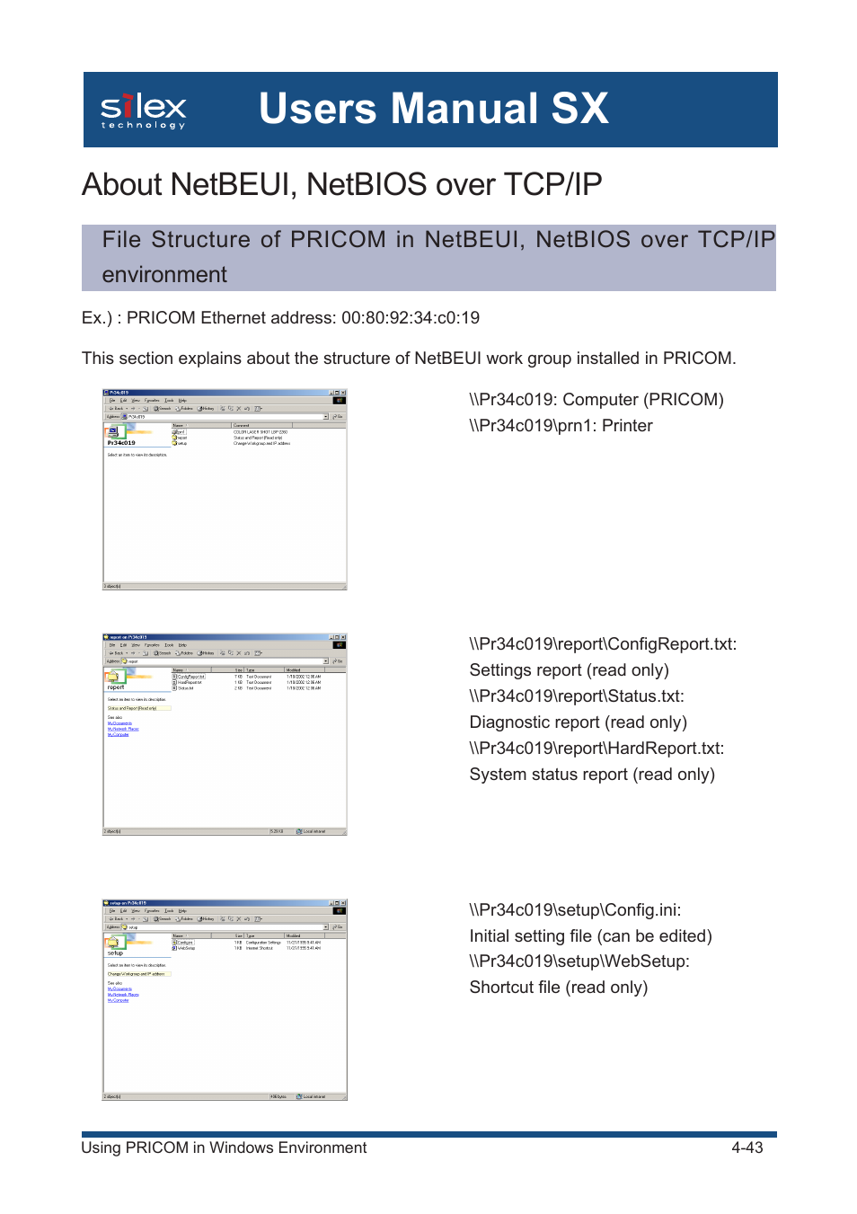 About netbeui, netbios over tcp/ip, Users manual sx | Silex technology Mini Print Server PRICOM SX-300U User Manual | Page 68 / 191