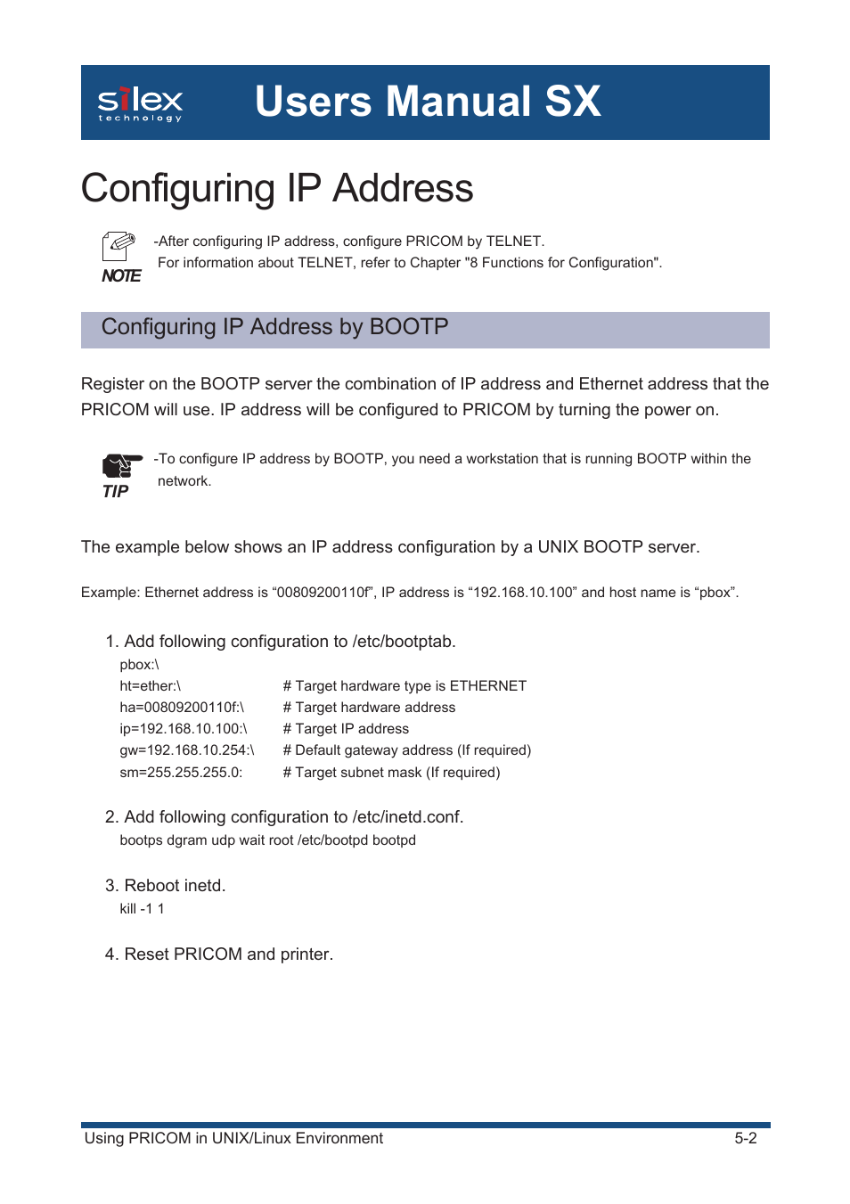 Configuring ip address, Configuring ip address by bootp, Users manual sx | Silex technology Mini Print Server PRICOM SX-300U User Manual | Page 71 / 191