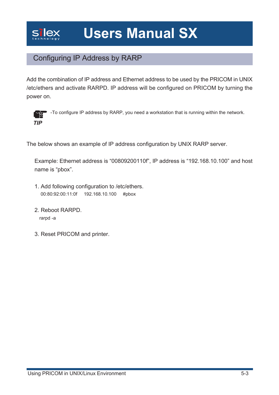 Configuring ip address by rarp, Users manual sx | Silex technology Mini Print Server PRICOM SX-300U User Manual | Page 72 / 191