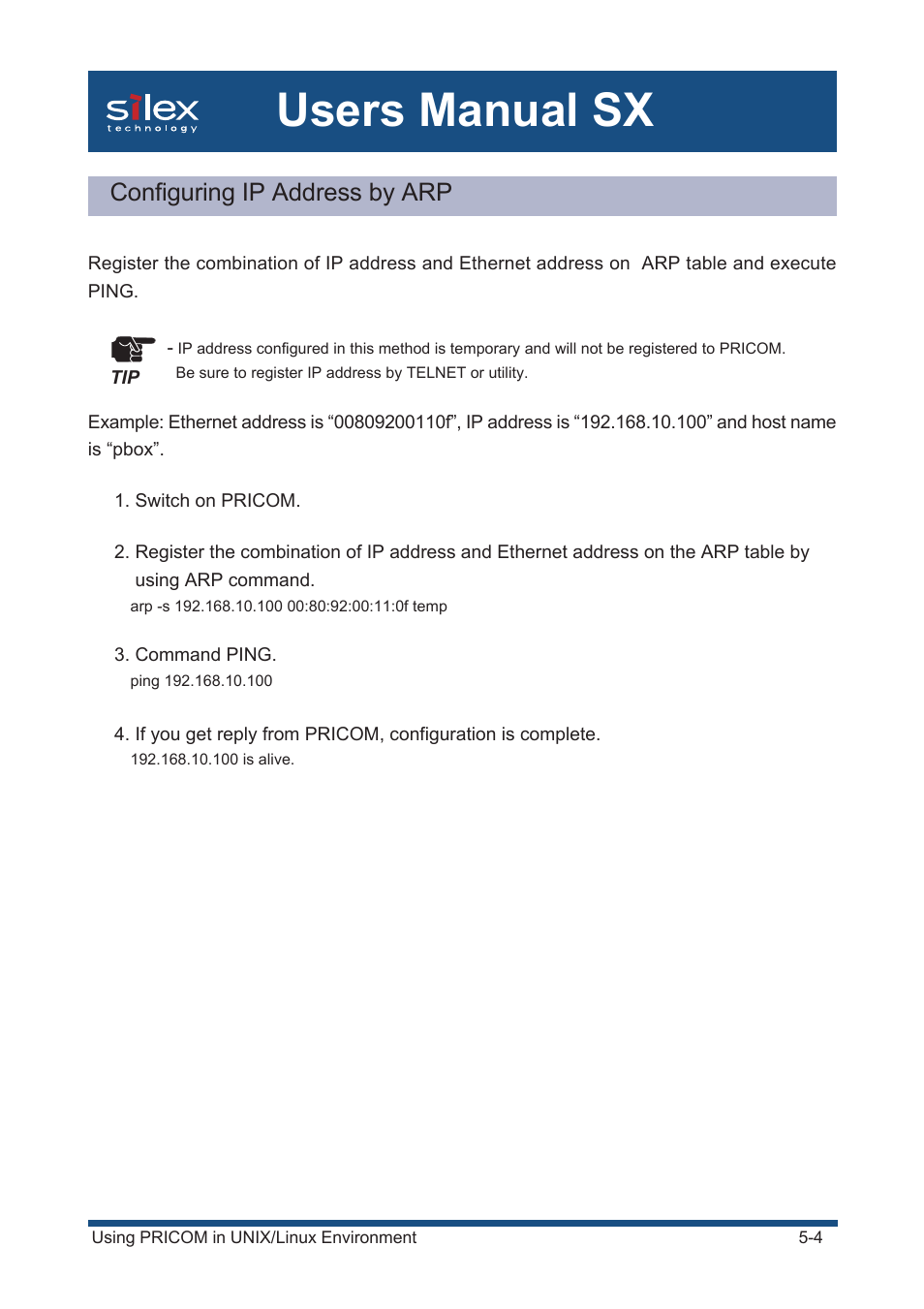 Configuring ip address by arp, Users manual sx | Silex technology Mini Print Server PRICOM SX-300U User Manual | Page 73 / 191