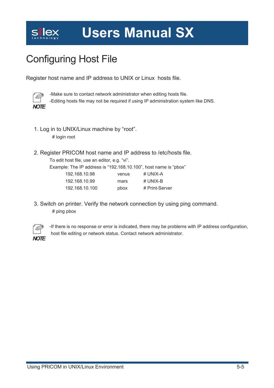 Configuring host file, Users manual sx | Silex technology Mini Print Server PRICOM SX-300U User Manual | Page 74 / 191