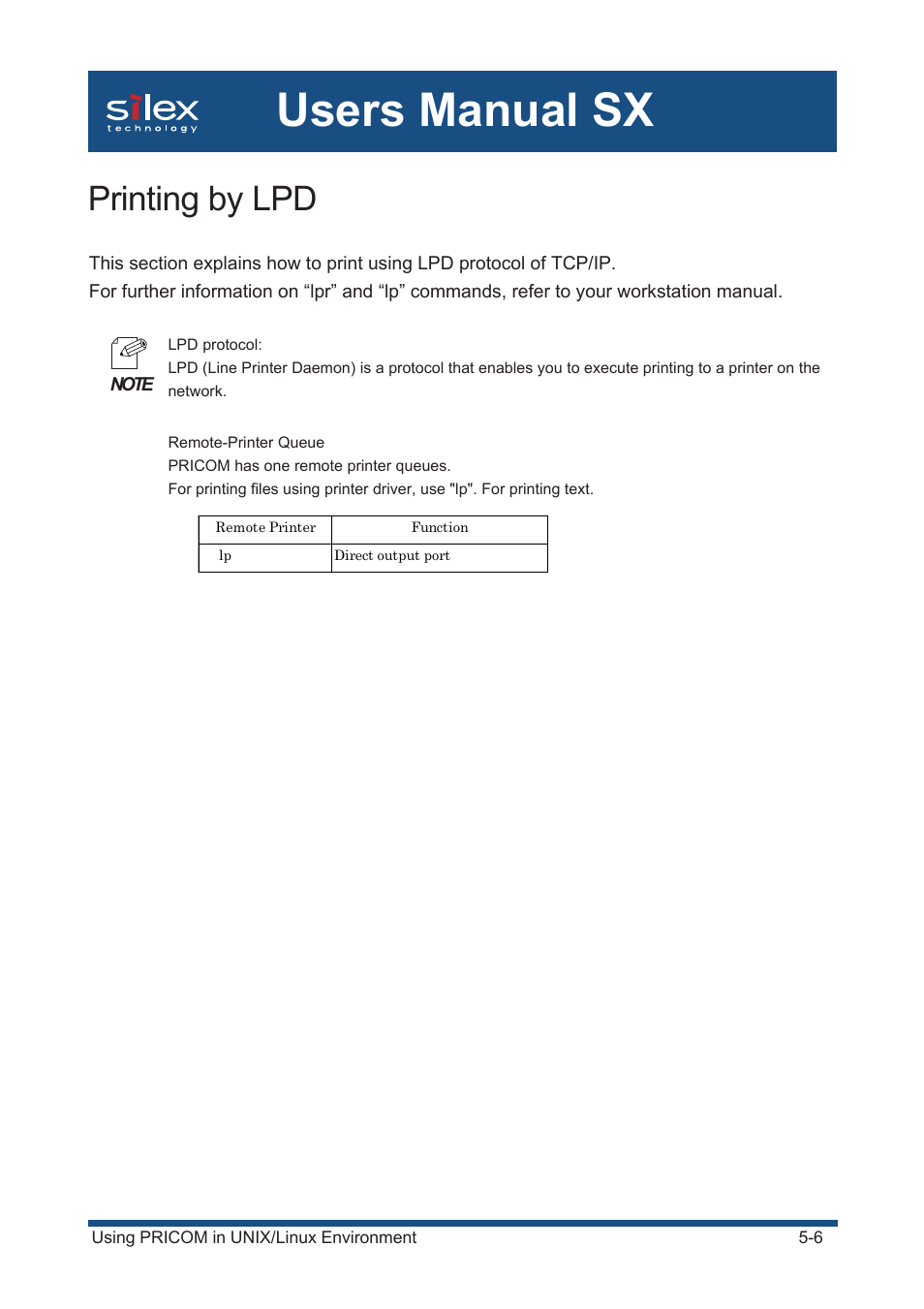 Printing by lpd, Users manual sx | Silex technology Mini Print Server PRICOM SX-300U User Manual | Page 75 / 191