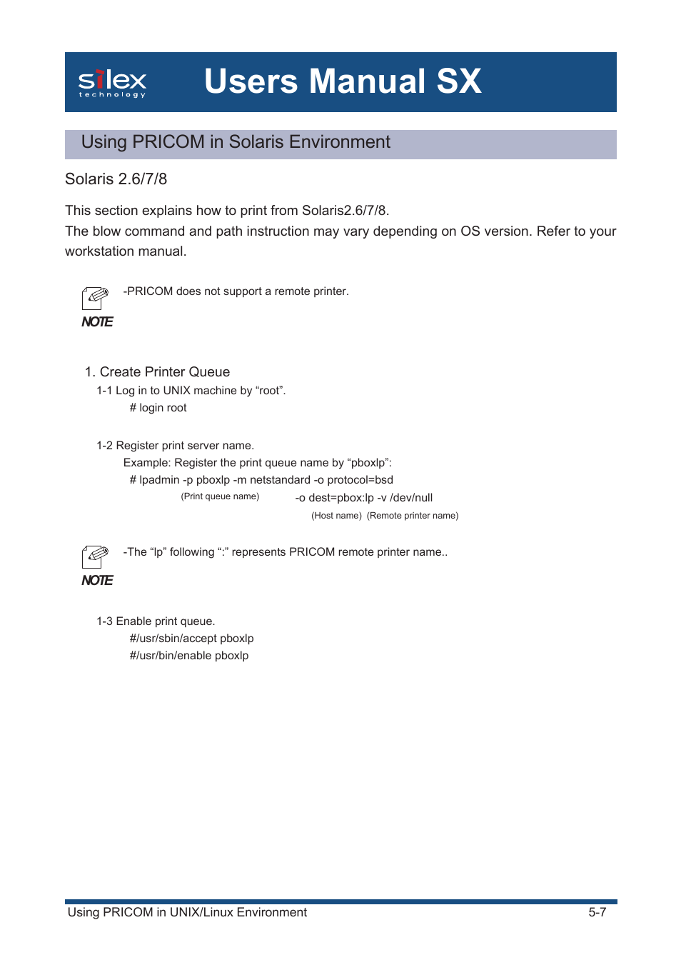 Using pricom in solaris environment, Solaris 2.6/7/8, Users manual sx | Silex technology Mini Print Server PRICOM SX-300U User Manual | Page 76 / 191