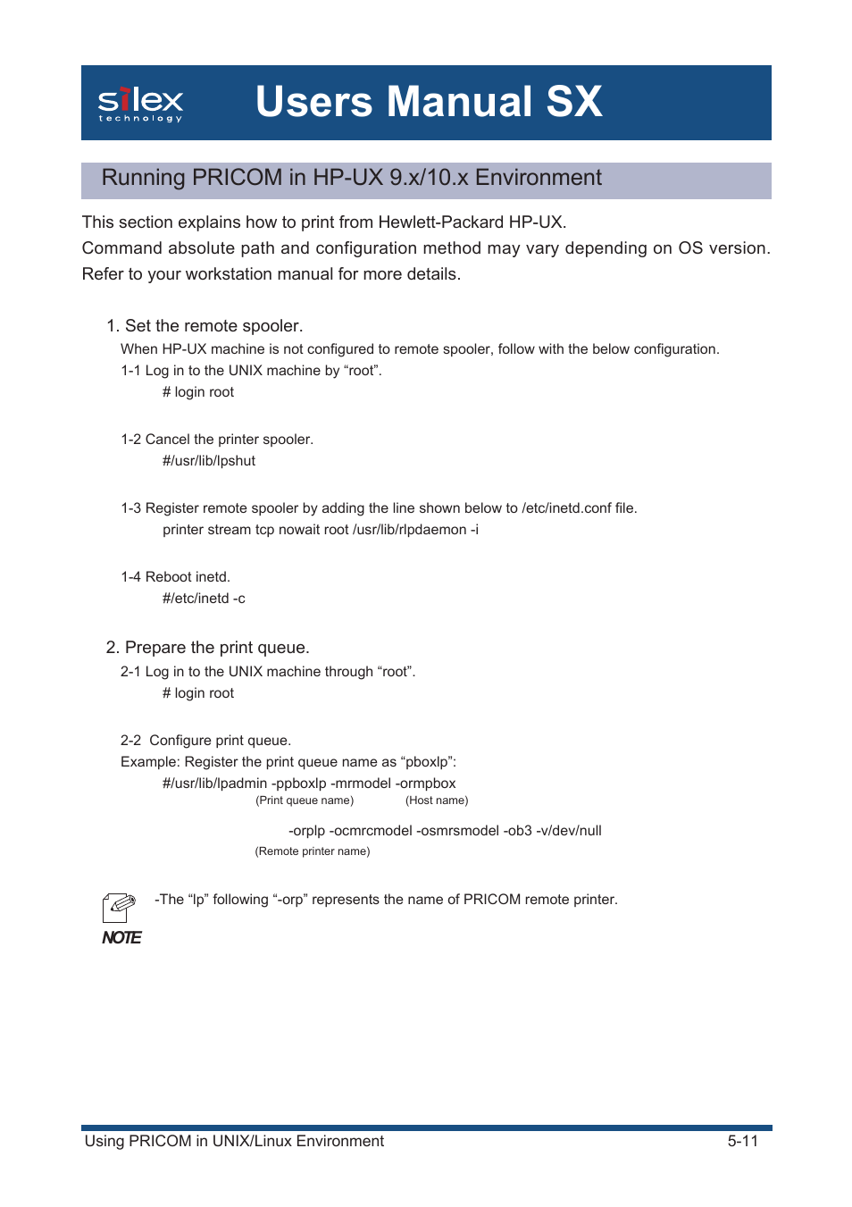 Running pricom in hp-ux 9.x/10.x environment, Users manual sx | Silex technology Mini Print Server PRICOM SX-300U User Manual | Page 80 / 191