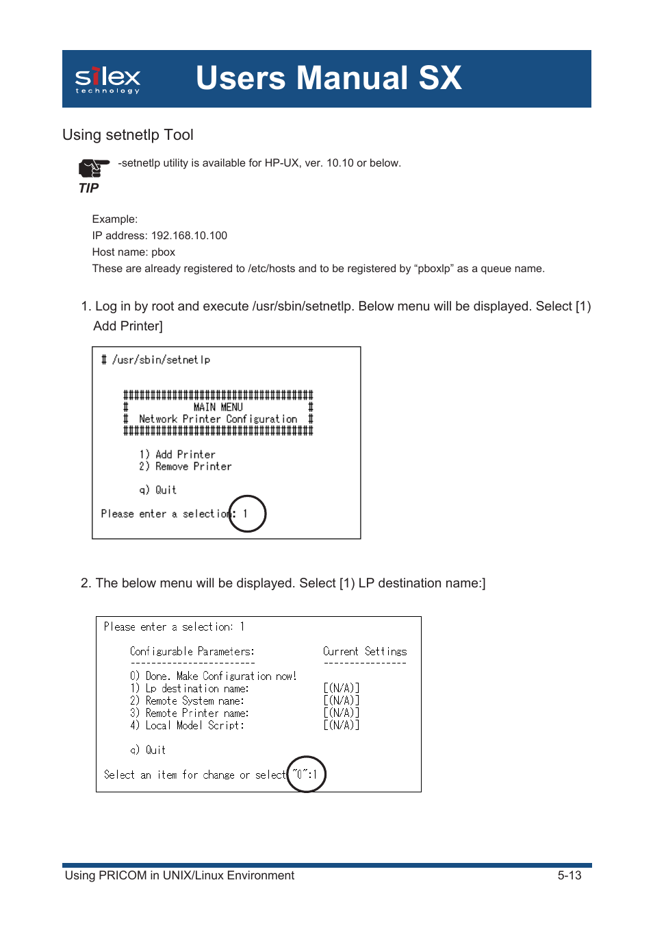 Using setnetlp tool, Users manual sx | Silex technology Mini Print Server PRICOM SX-300U User Manual | Page 82 / 191