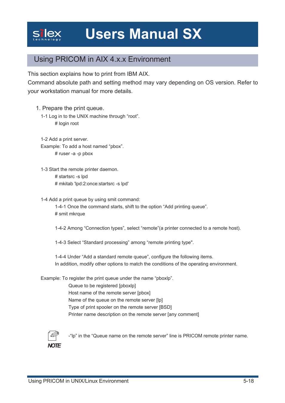 Using pricom in aix 4.x.x environment, Users manual sx | Silex technology Mini Print Server PRICOM SX-300U User Manual | Page 87 / 191