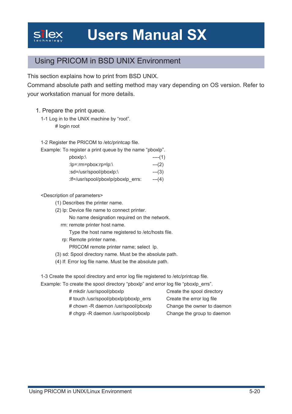 Using pricom in bsd unix environment, Users manual sx | Silex technology Mini Print Server PRICOM SX-300U User Manual | Page 89 / 191