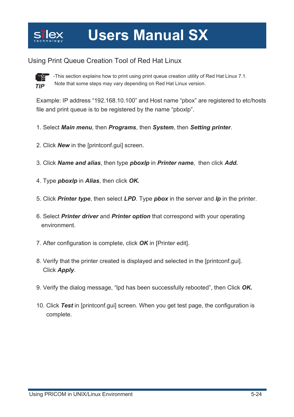 Using print queue creation tool of red hat linux, Users manual sx | Silex technology Mini Print Server PRICOM SX-300U User Manual | Page 93 / 191