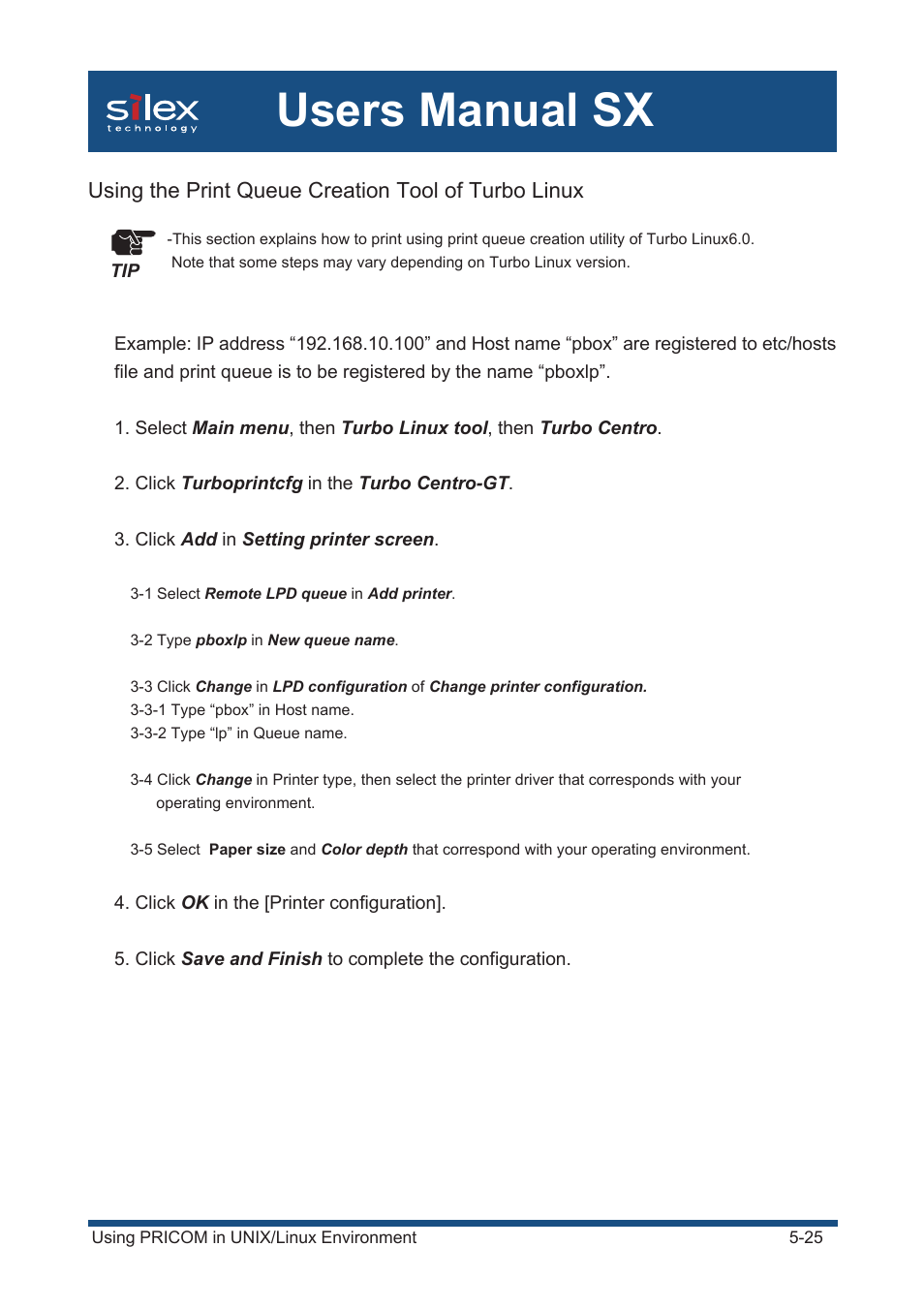 Using the print queue creation tool of turbo linux, Users manual sx | Silex technology Mini Print Server PRICOM SX-300U User Manual | Page 94 / 191