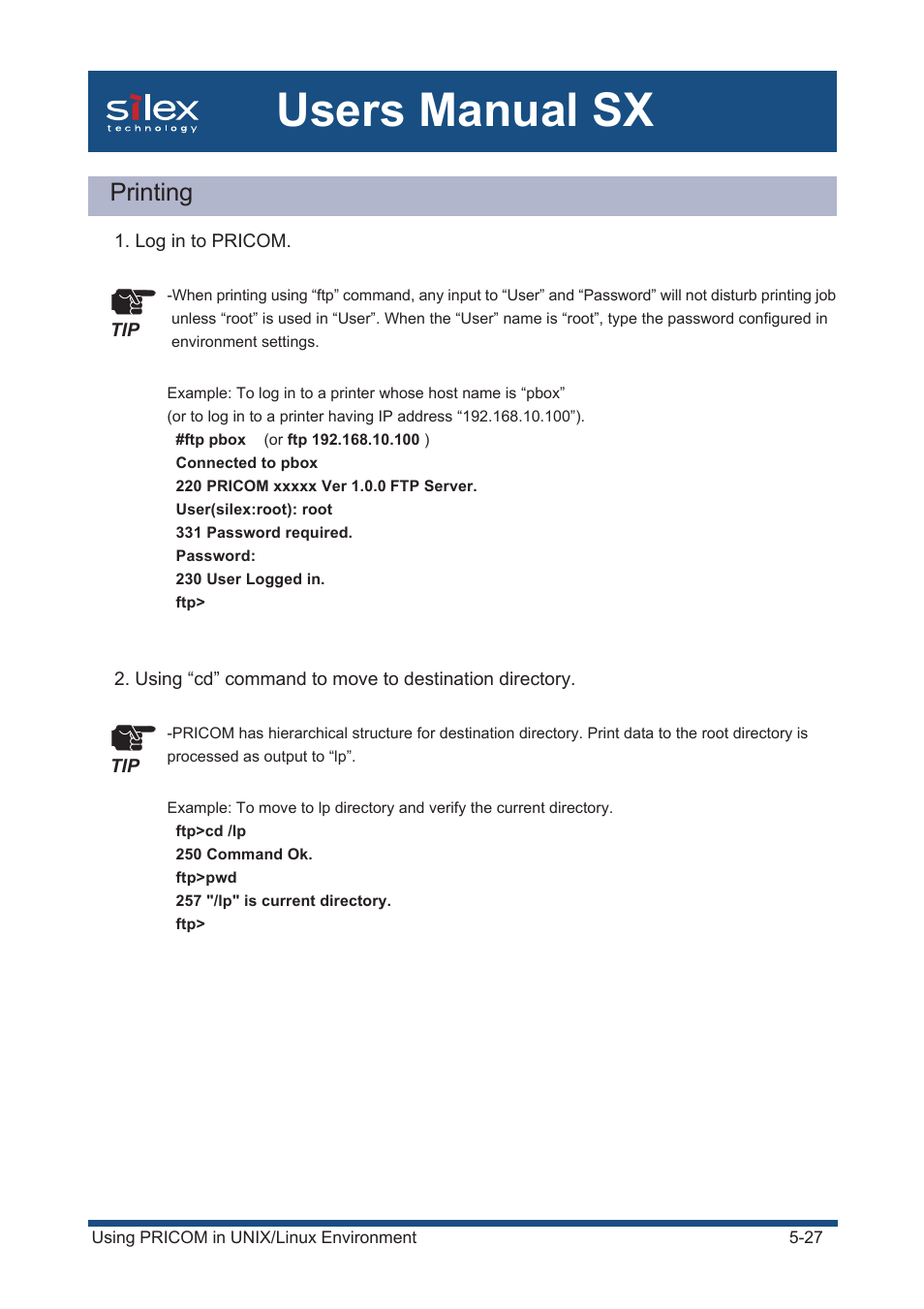 Printing, Users manual sx | Silex technology Mini Print Server PRICOM SX-300U User Manual | Page 96 / 191