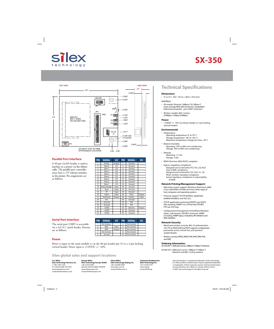Sx-350, Technical specifications, Silex global sales and support locations | Silex technology OEM Interna Print Server SX-350 User Manual | Page 2 / 2