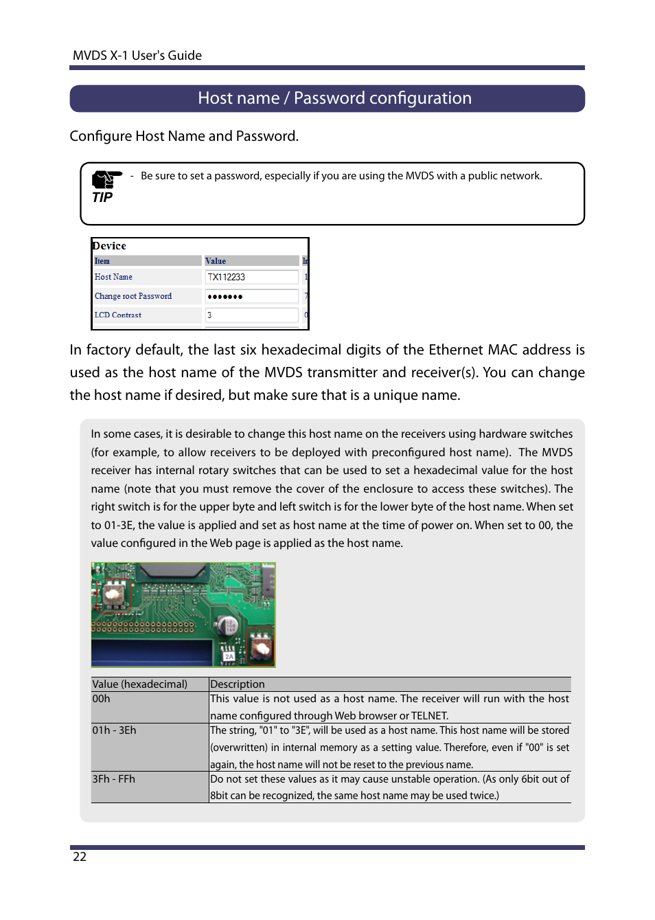 Host name / password configuration, Configure host name and password | Silex technology Multicast Video Distribution System MVDS X-1 User Manual | Page 28 / 76