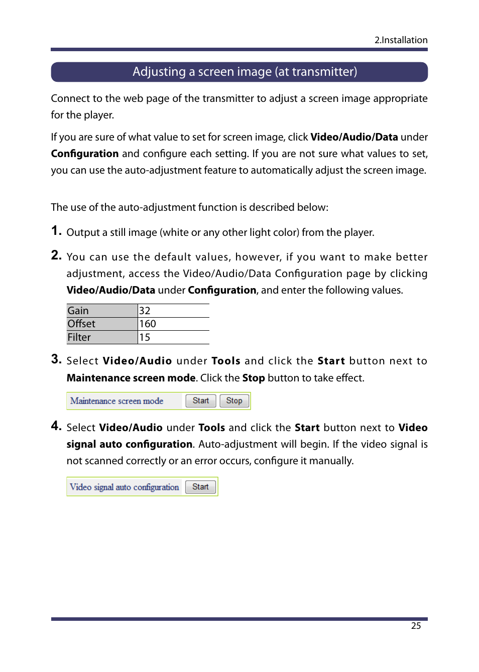 Adjusting a screen image (at transmitter) | Silex technology Multicast Video Distribution System MVDS X-1 User Manual | Page 31 / 76
