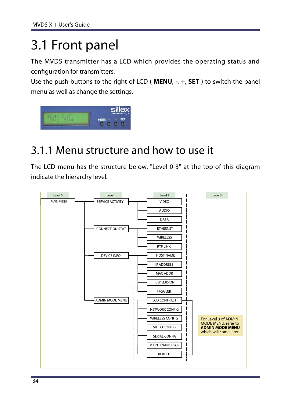 1 front panel, 1 menu structure and how to use it, 34 mvds x-1 user's guide | Silex technology Multicast Video Distribution System MVDS X-1 User Manual | Page 40 / 76
