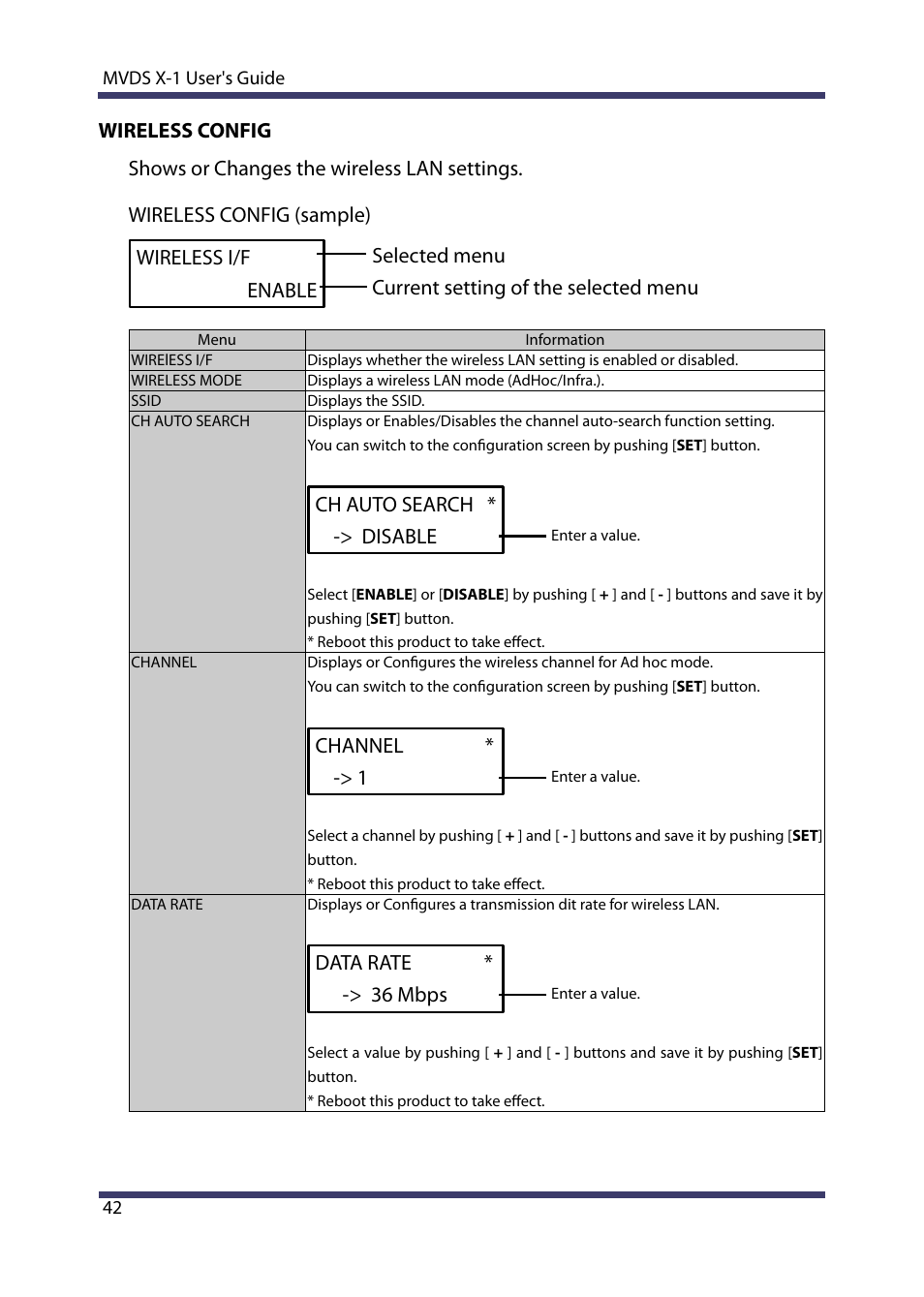 Ch auto search * -> disable, Channel * -> 1, Data rate * -> 36 mbps | Silex technology Multicast Video Distribution System MVDS X-1 User Manual | Page 48 / 76