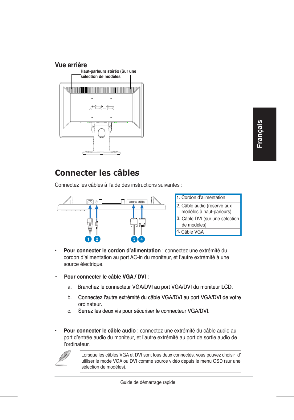 Connecter les câbles, Français, Vue arrière | Asus VH196 Series User Manual | Page 10 / 157